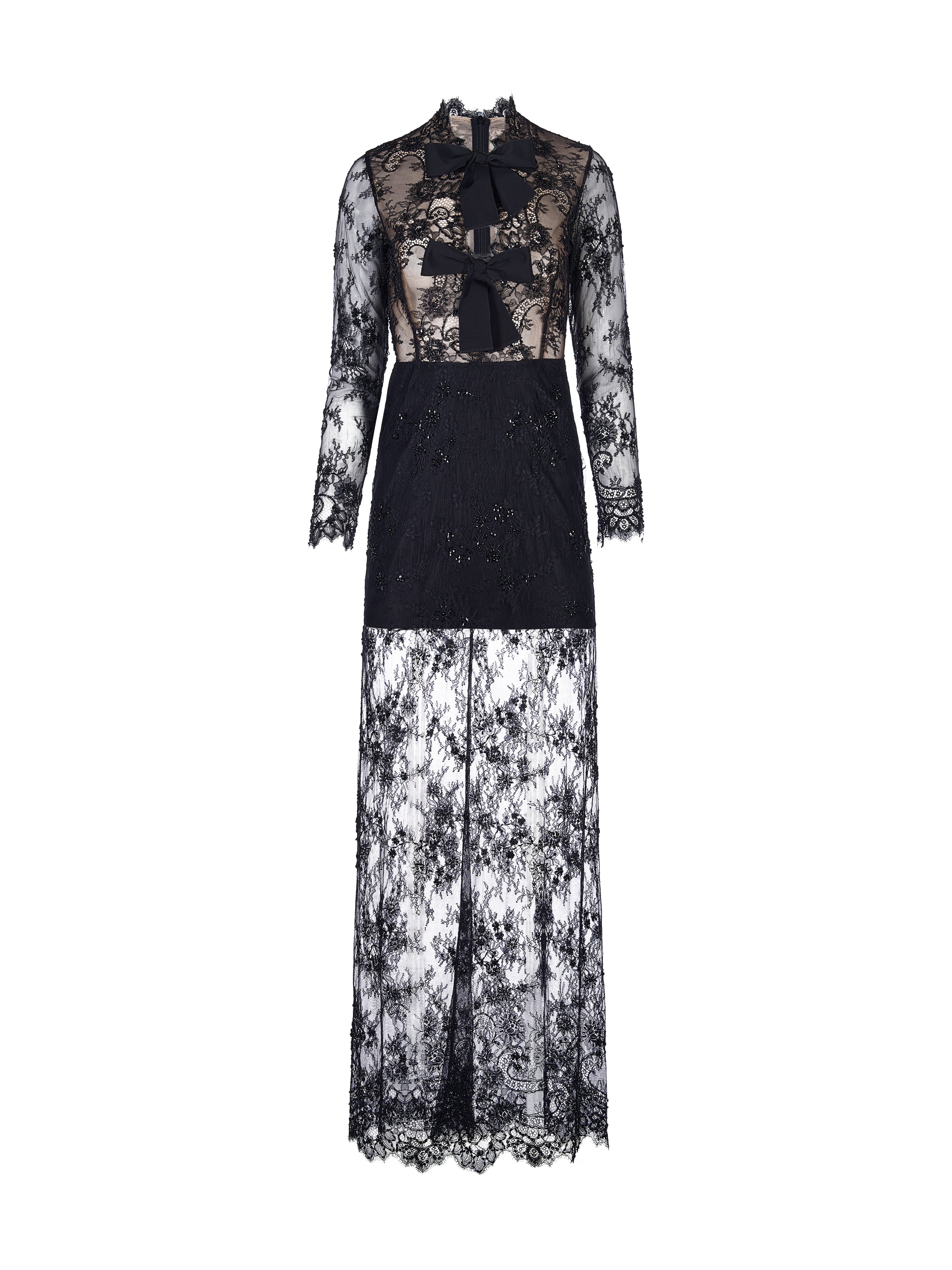 Rochie maxi din dantela brodata cu funde