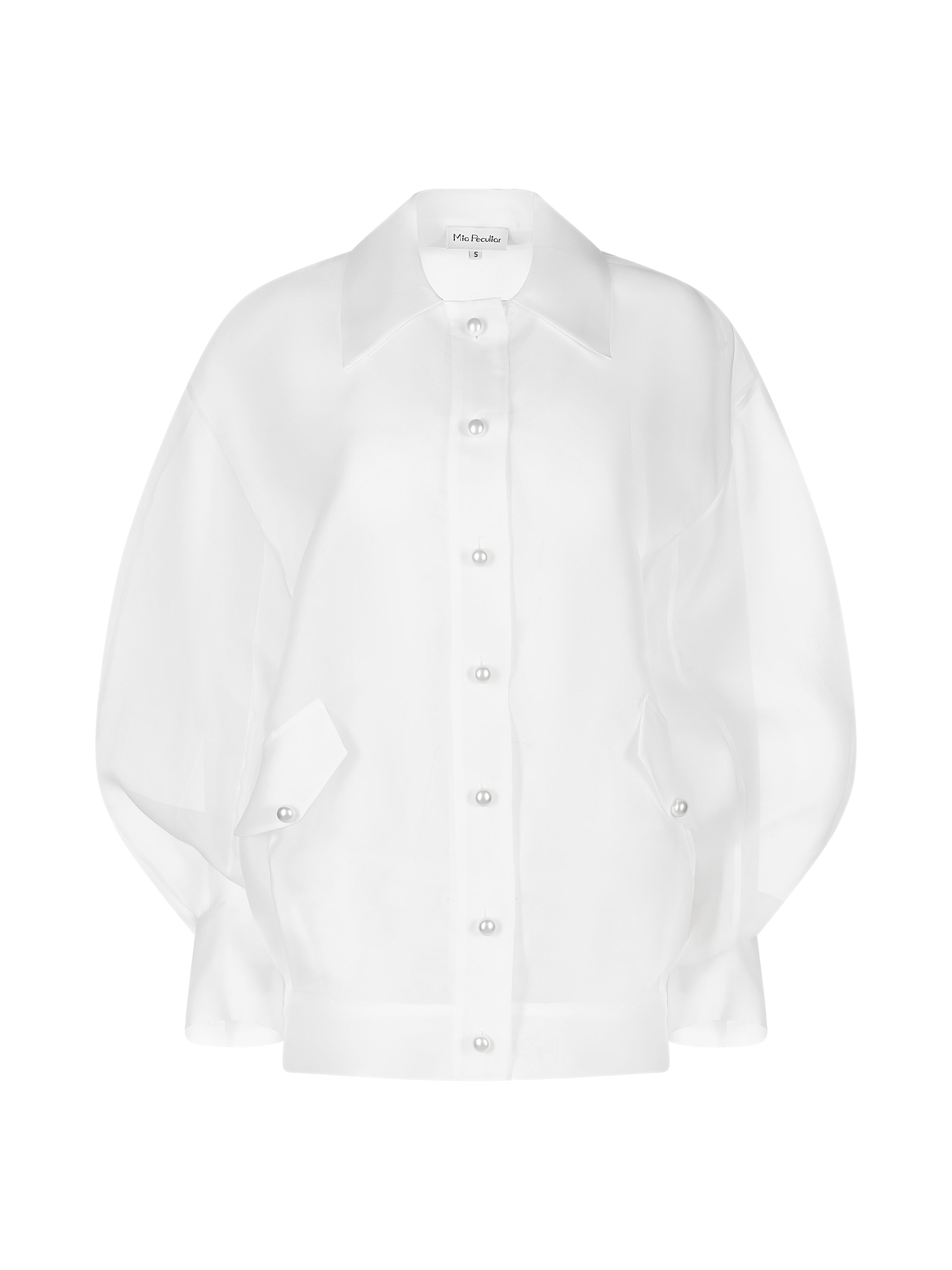 Jacheta Bomber Oversized din Organza cu Nasturi Tip Perla