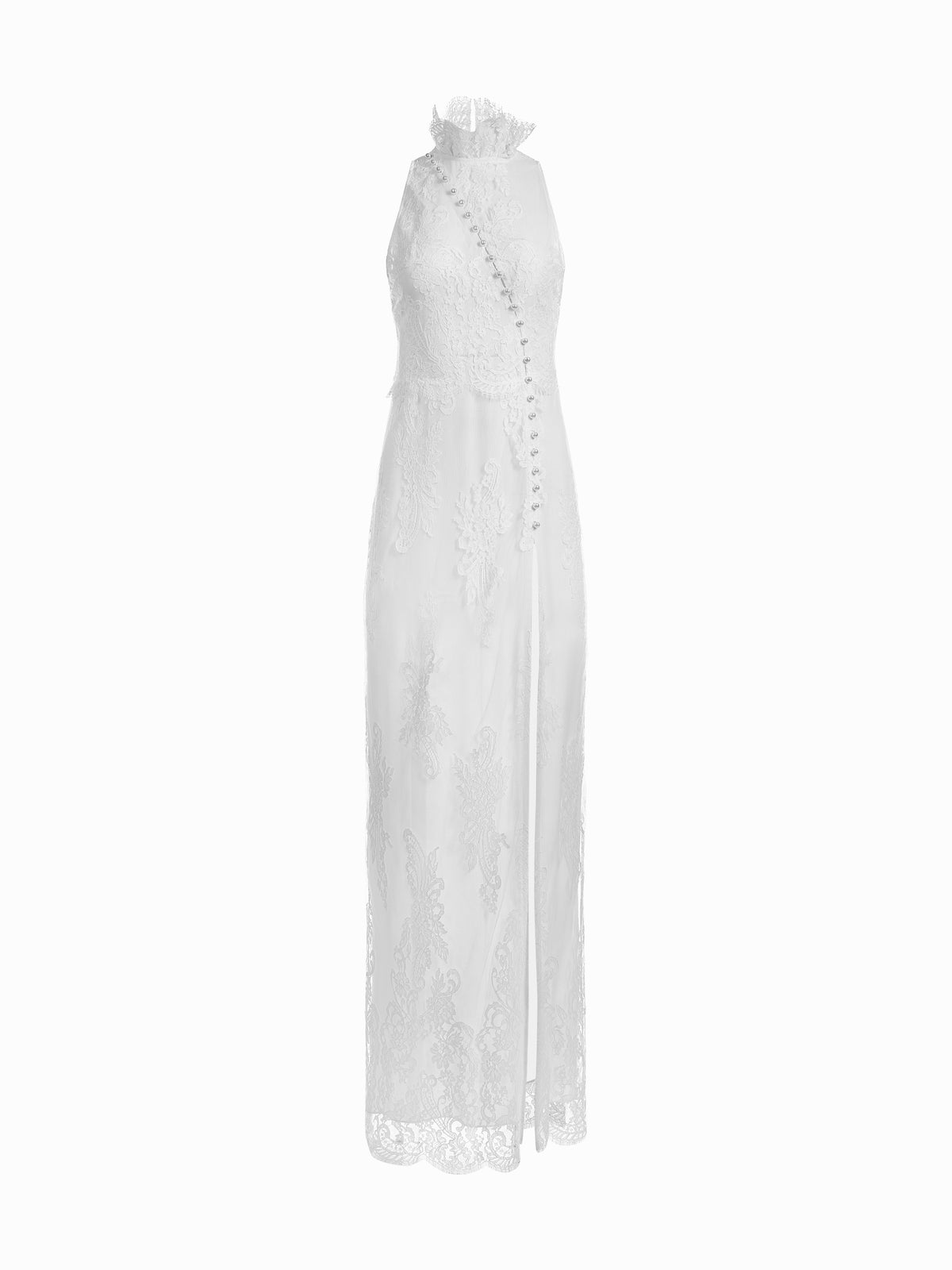 Rochie Maxi din Dantela Florala cu Nasturi Perlati