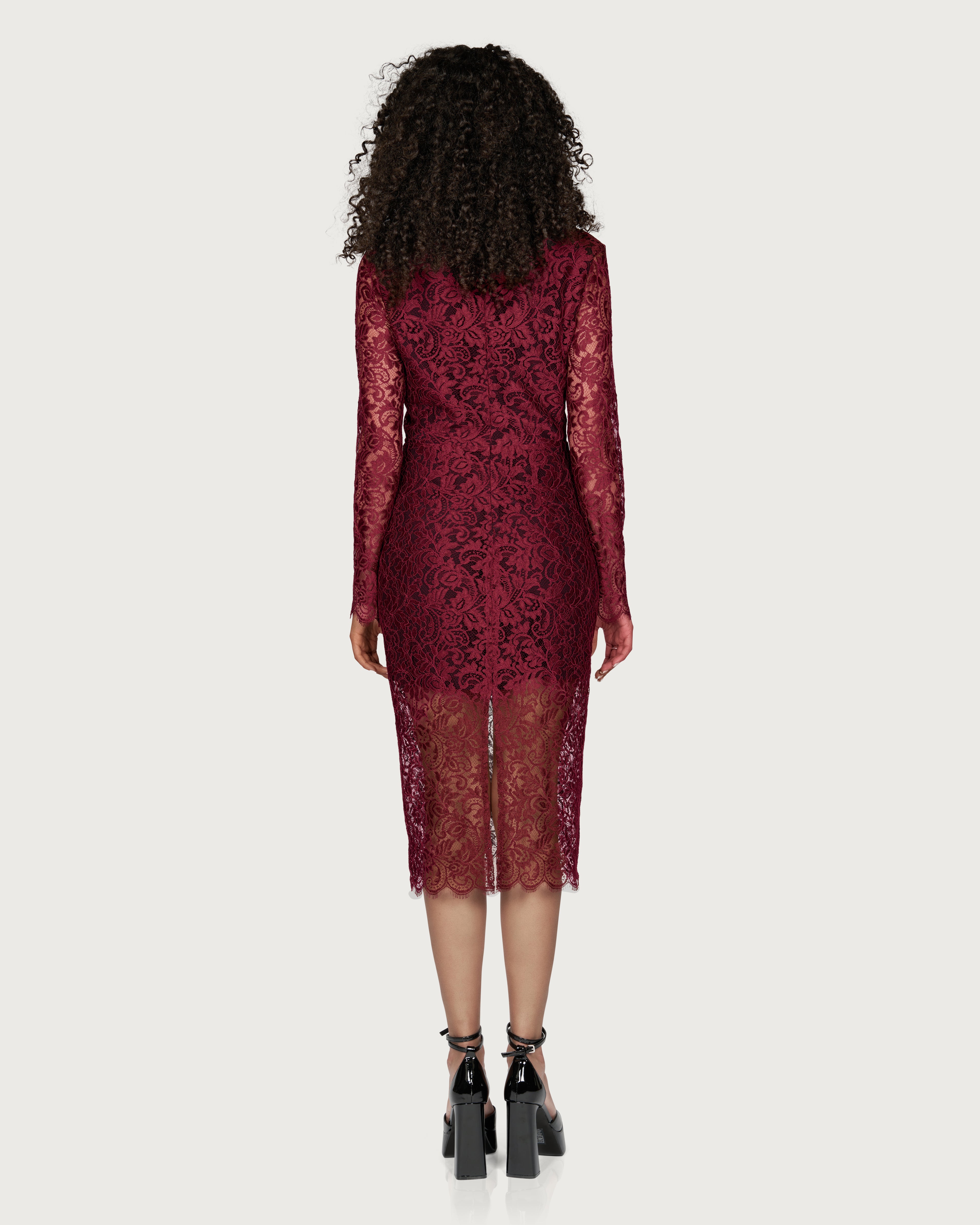 Rochie Midi din Dantela cu Fundite Bordeaux