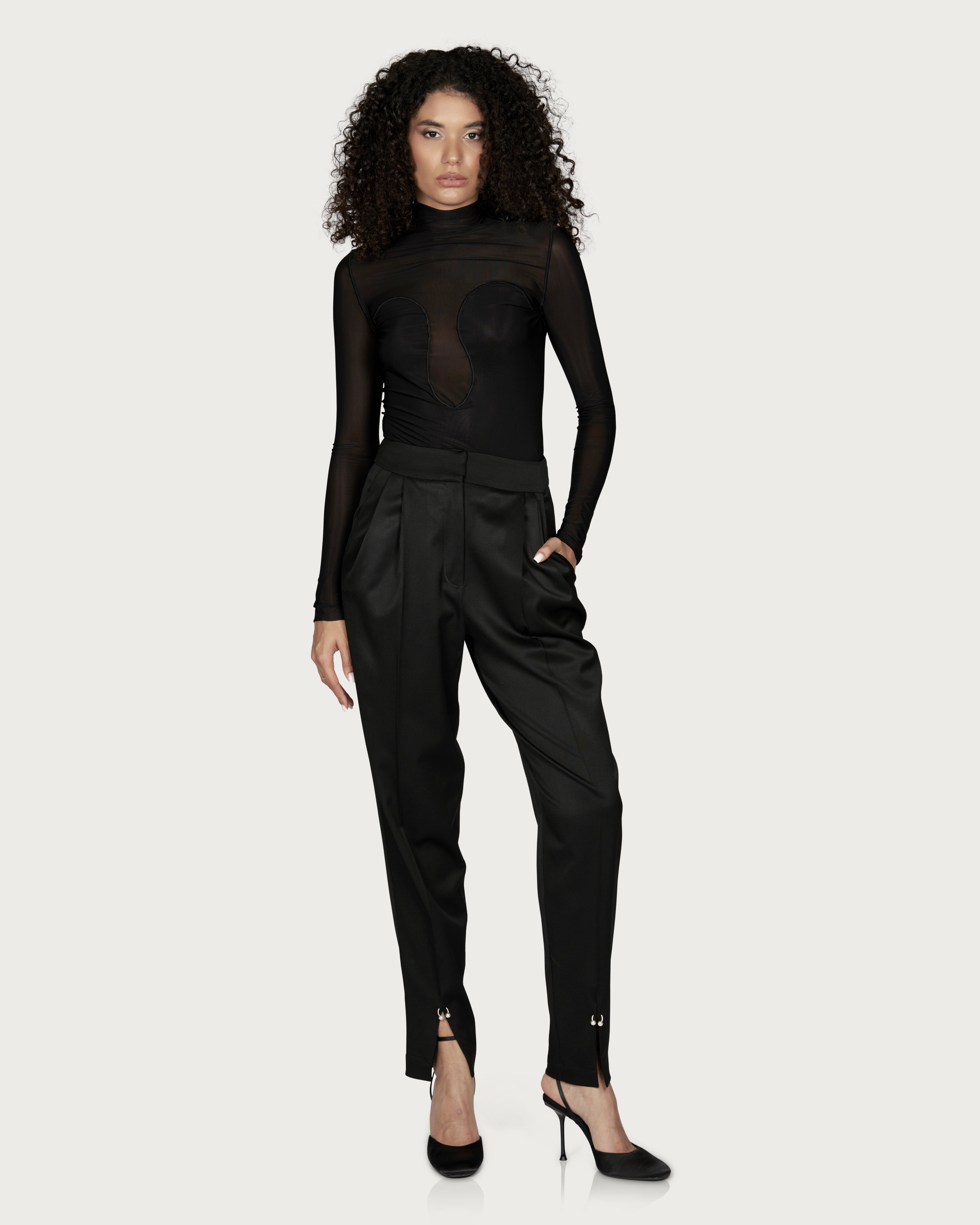 Pantaloni din Lana cu Pliuri si Decupaje Negru