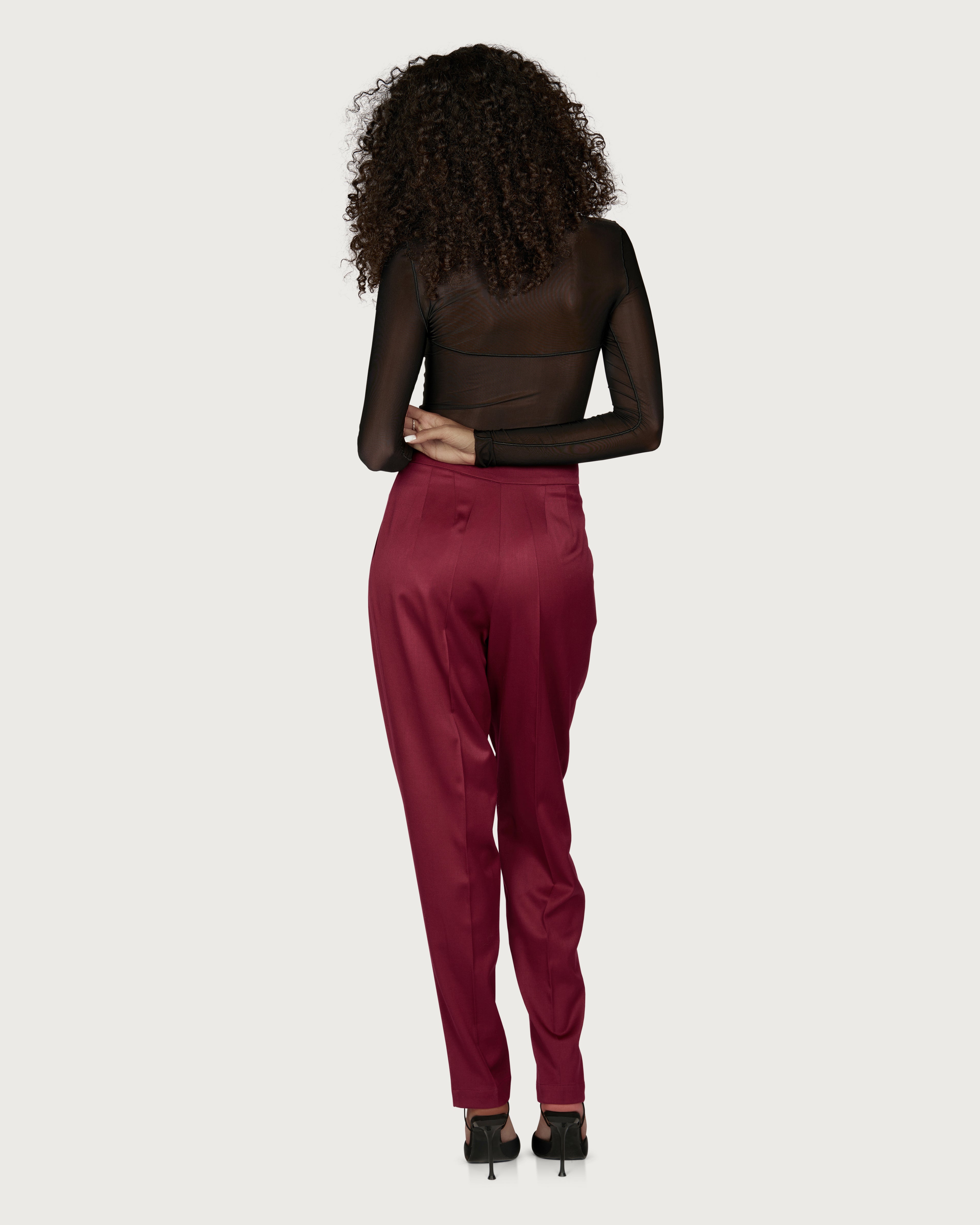 Pantaloni din Lana cu Pliuri si Decupaje Bordeaux