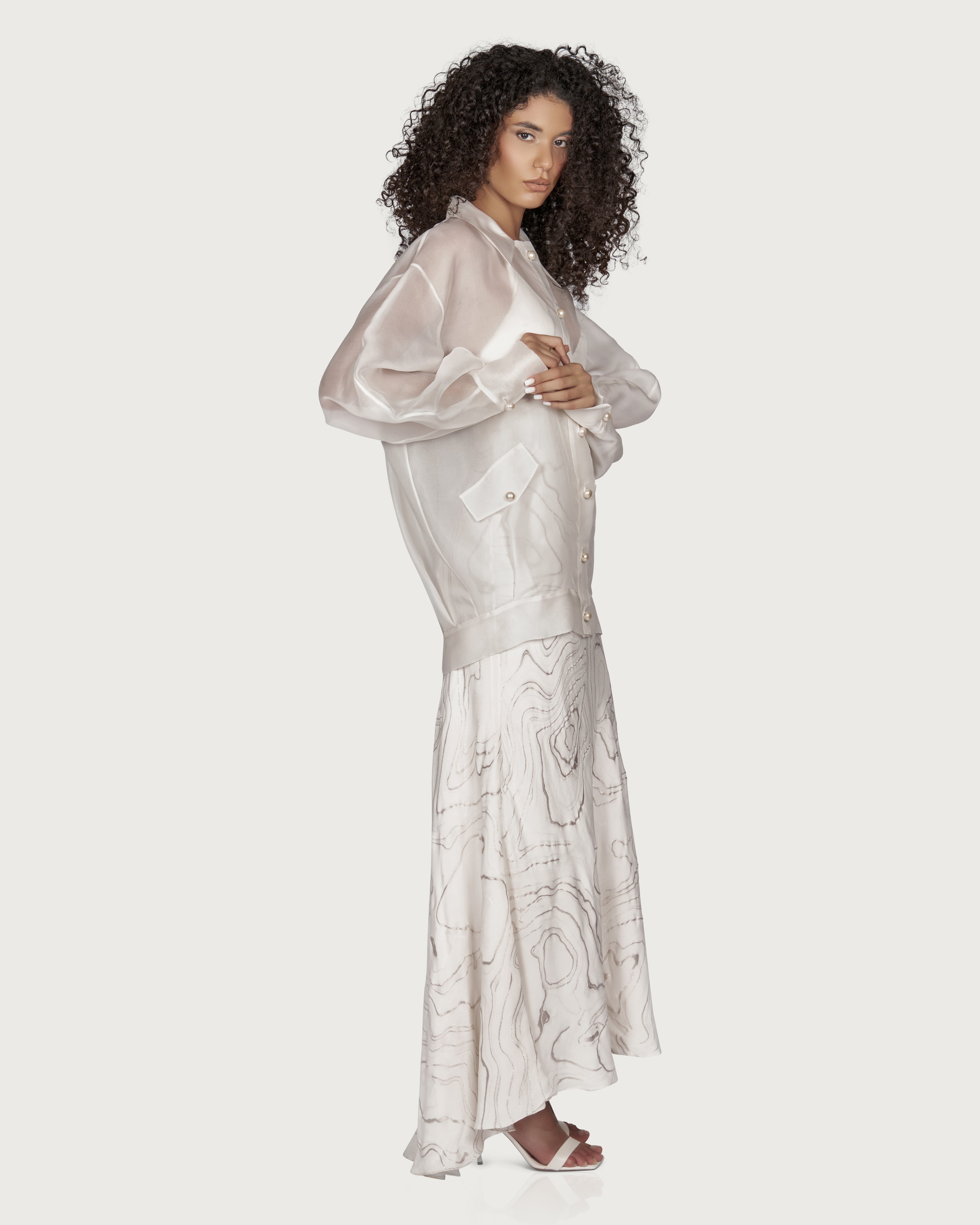 Jacheta Bomber Oversized din Organza cu Nasturi Tip Perla