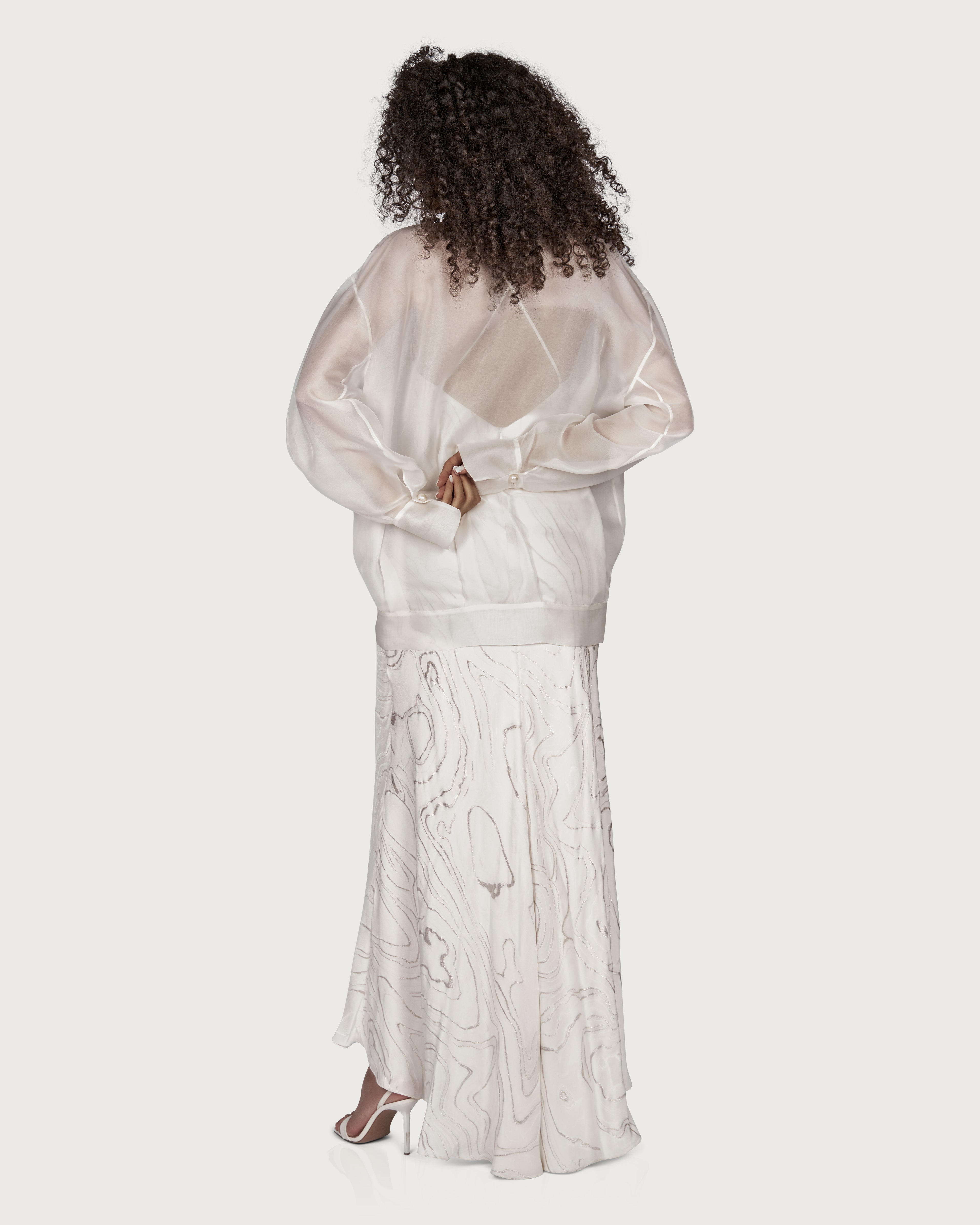 Jacheta Bomber Oversized din Organza cu Nasturi Tip Perla