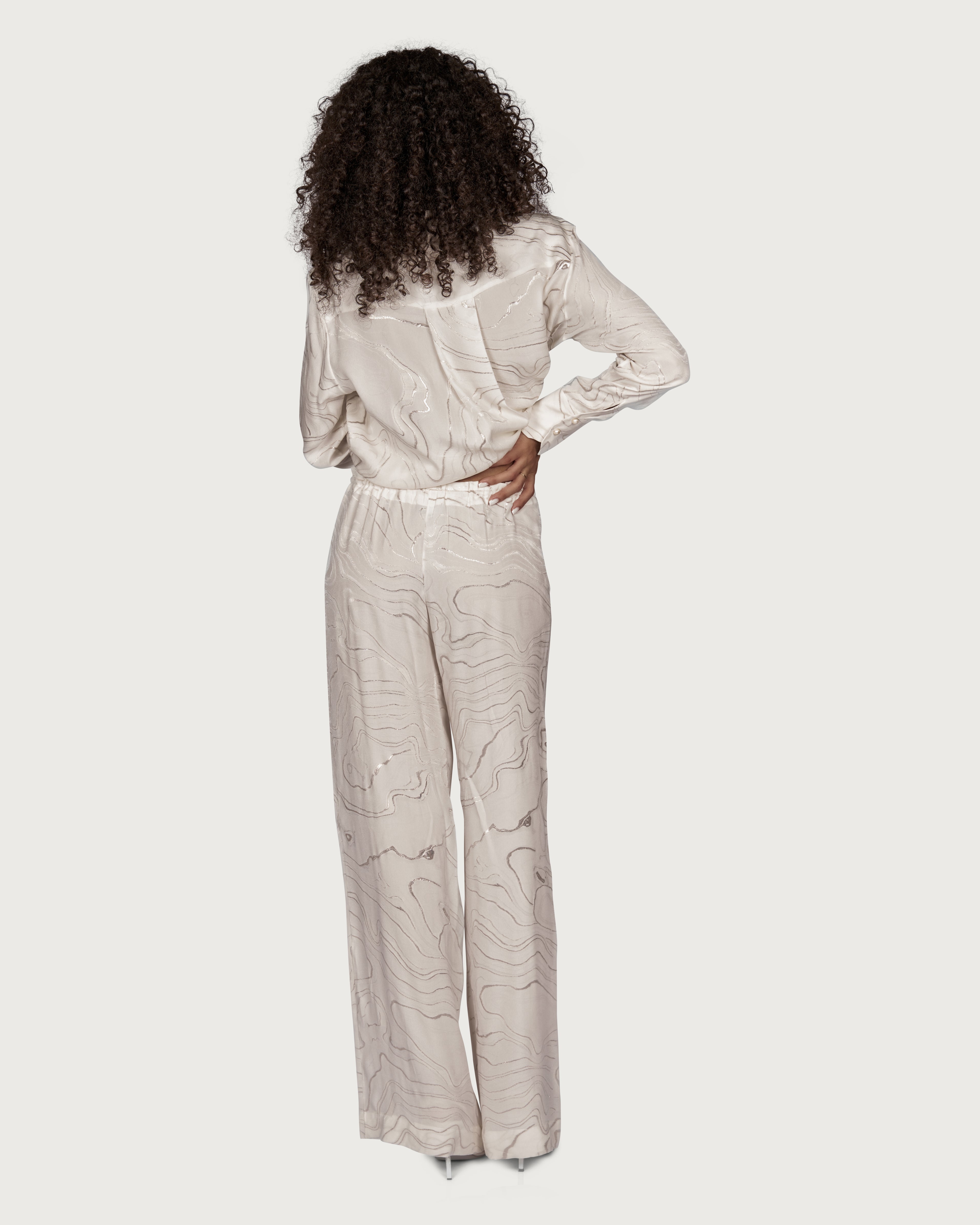 Pantaloni din Matase cu Broderie Argintie