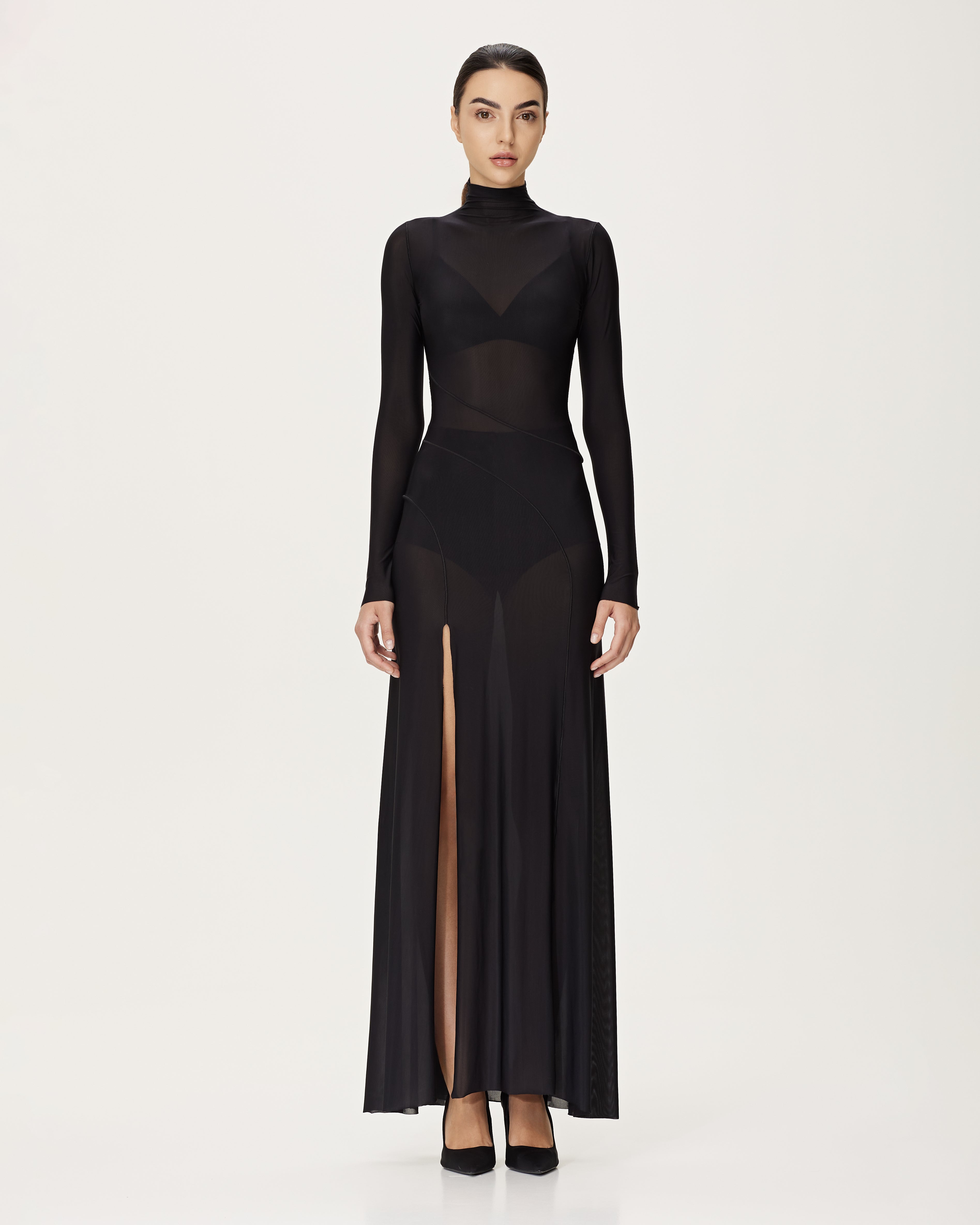 Rochie Maxi cu Guler Inalt Transparenta