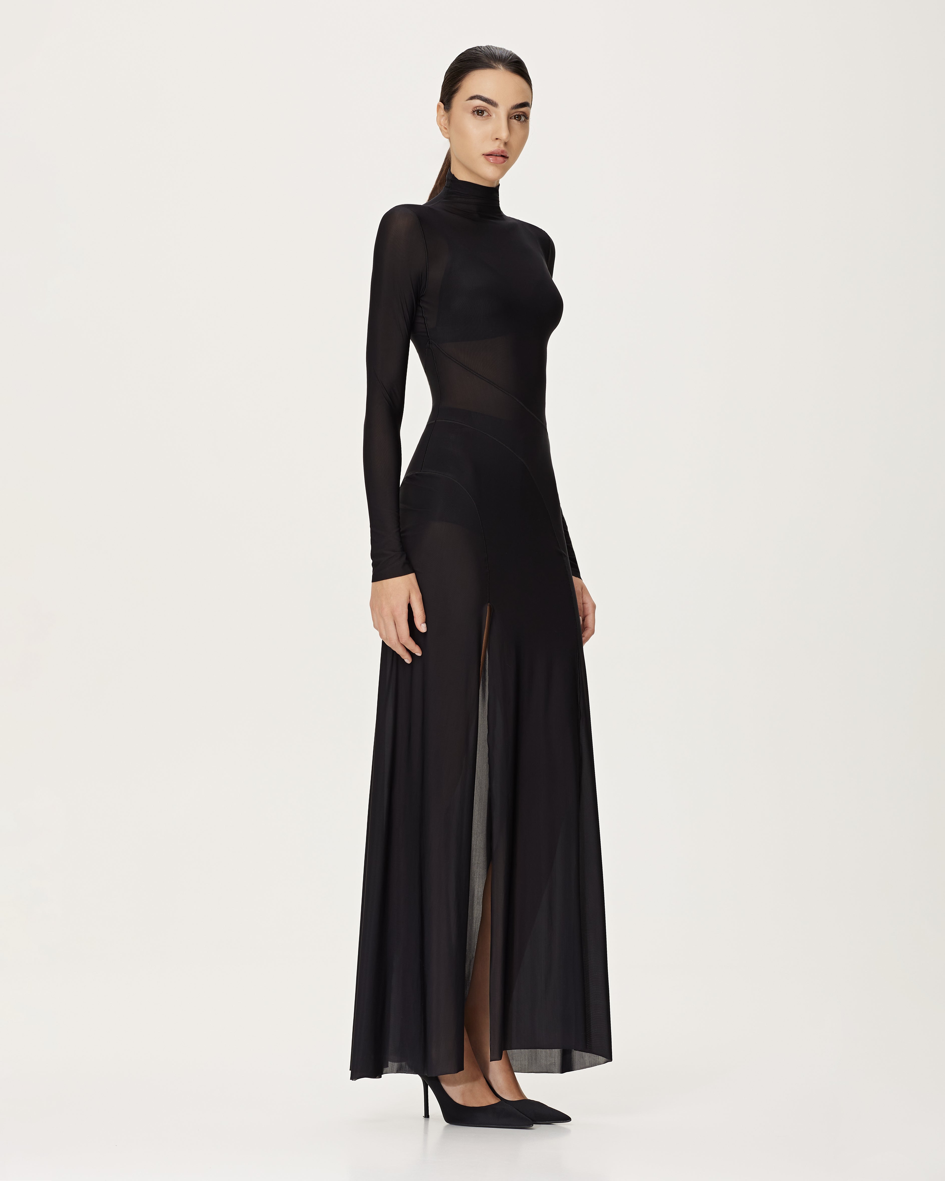 Rochie Maxi cu Guler Inalt Transparenta