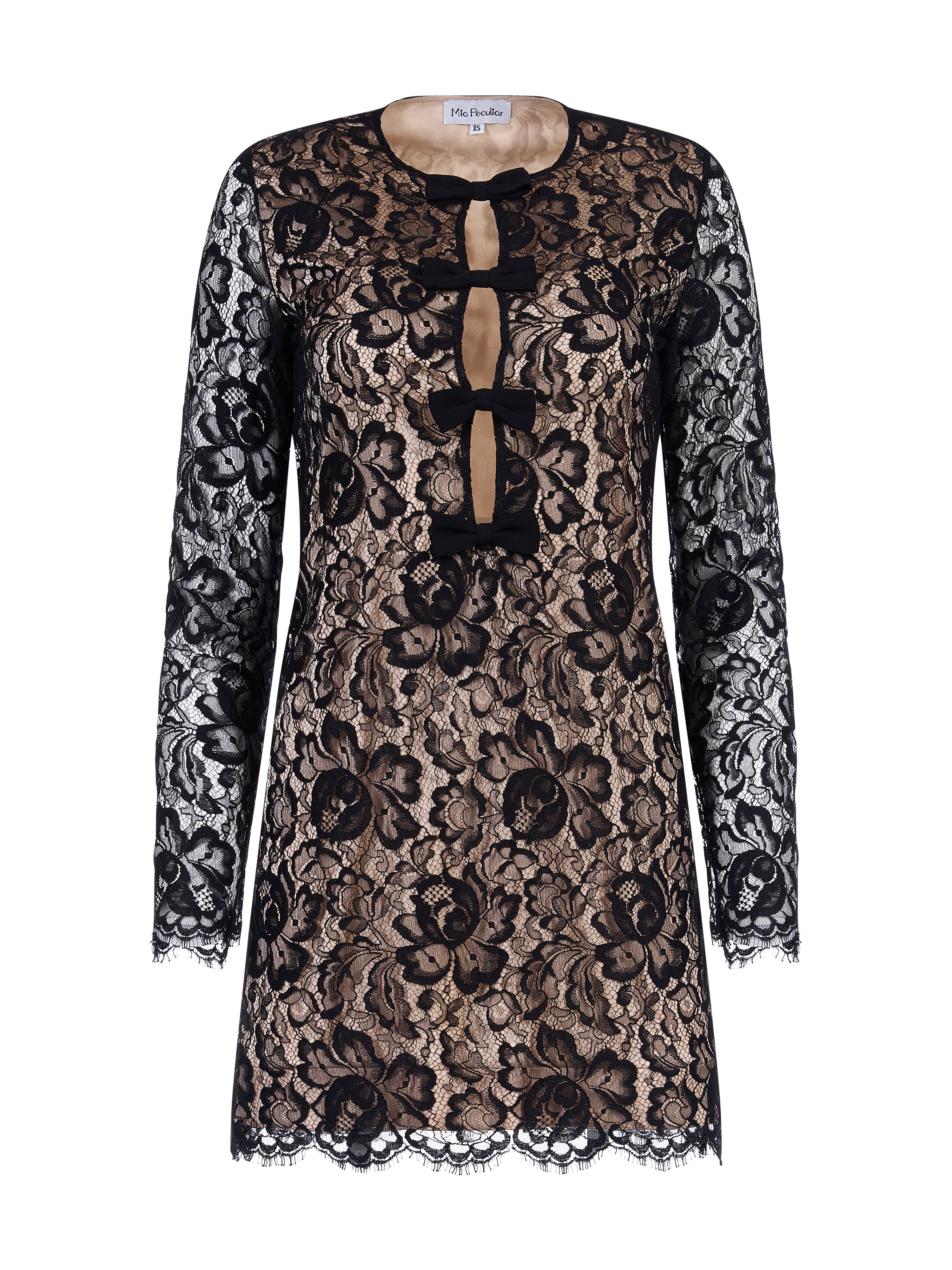 Rochie Mini din Dantela cu Funde Negru