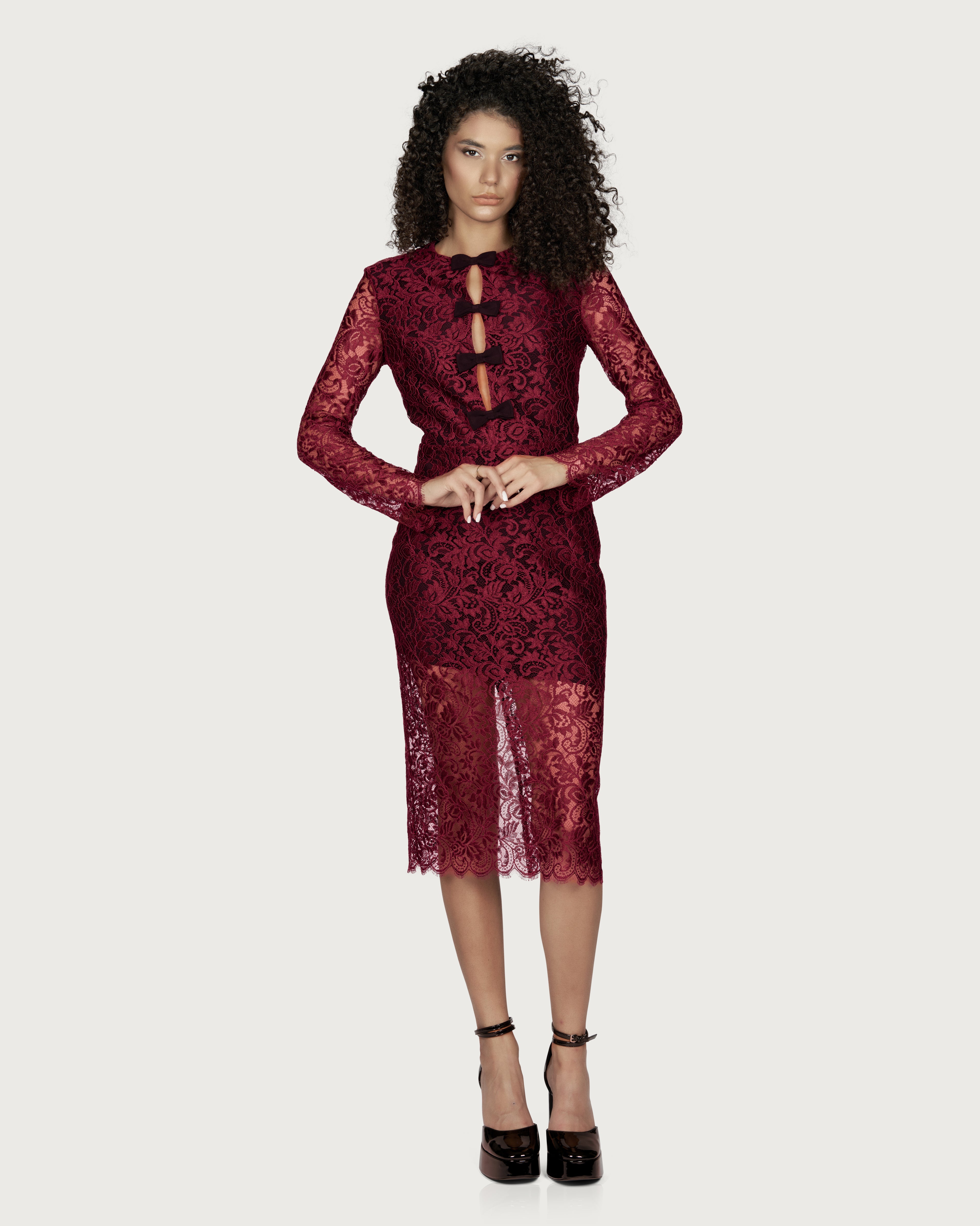 Rochie Midi din Dantela cu Fundite Bordeaux