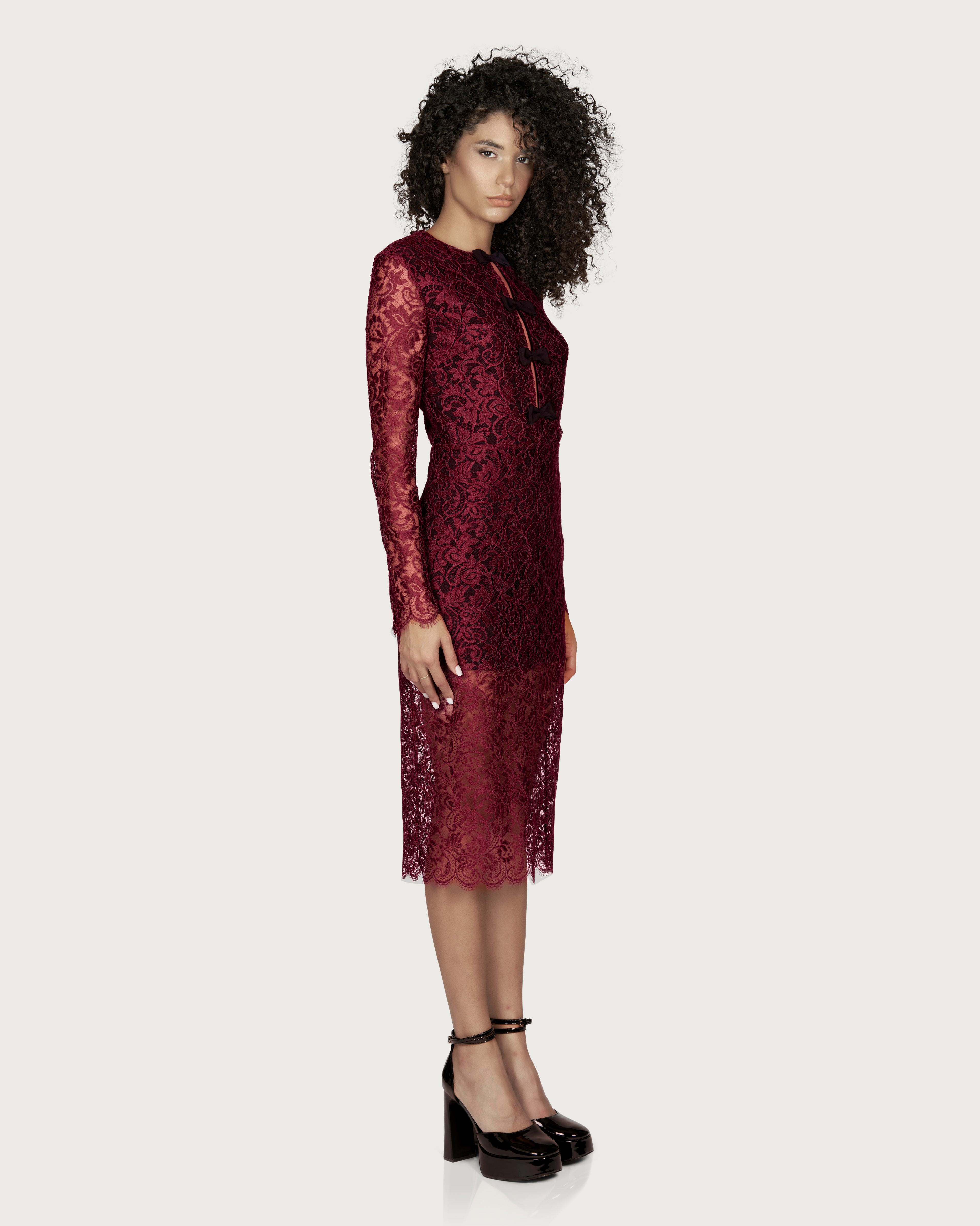Rochie Midi din Dantela cu Fundite Bordeaux