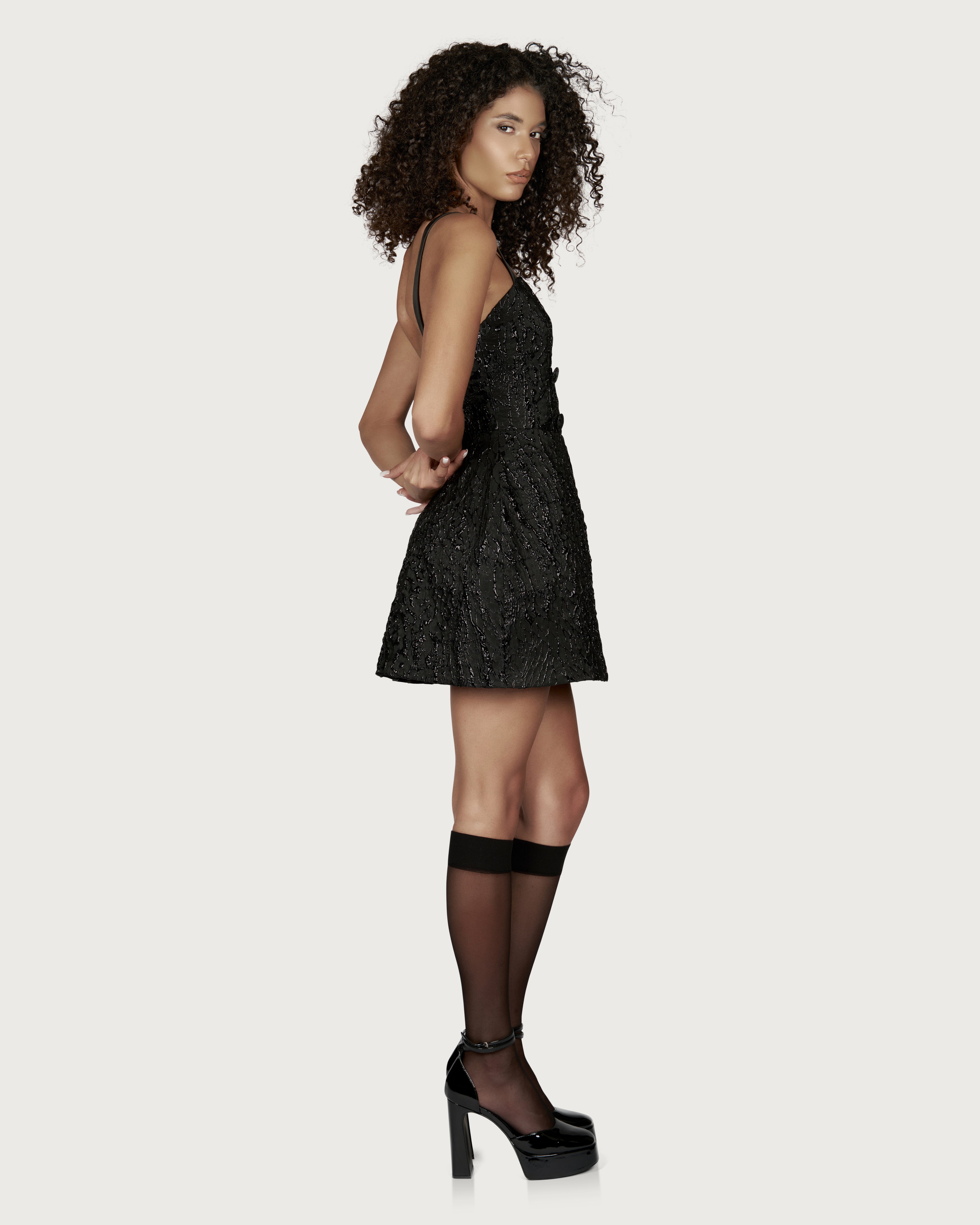 Rochie Mini din Jacquard cu Nasturi Negru