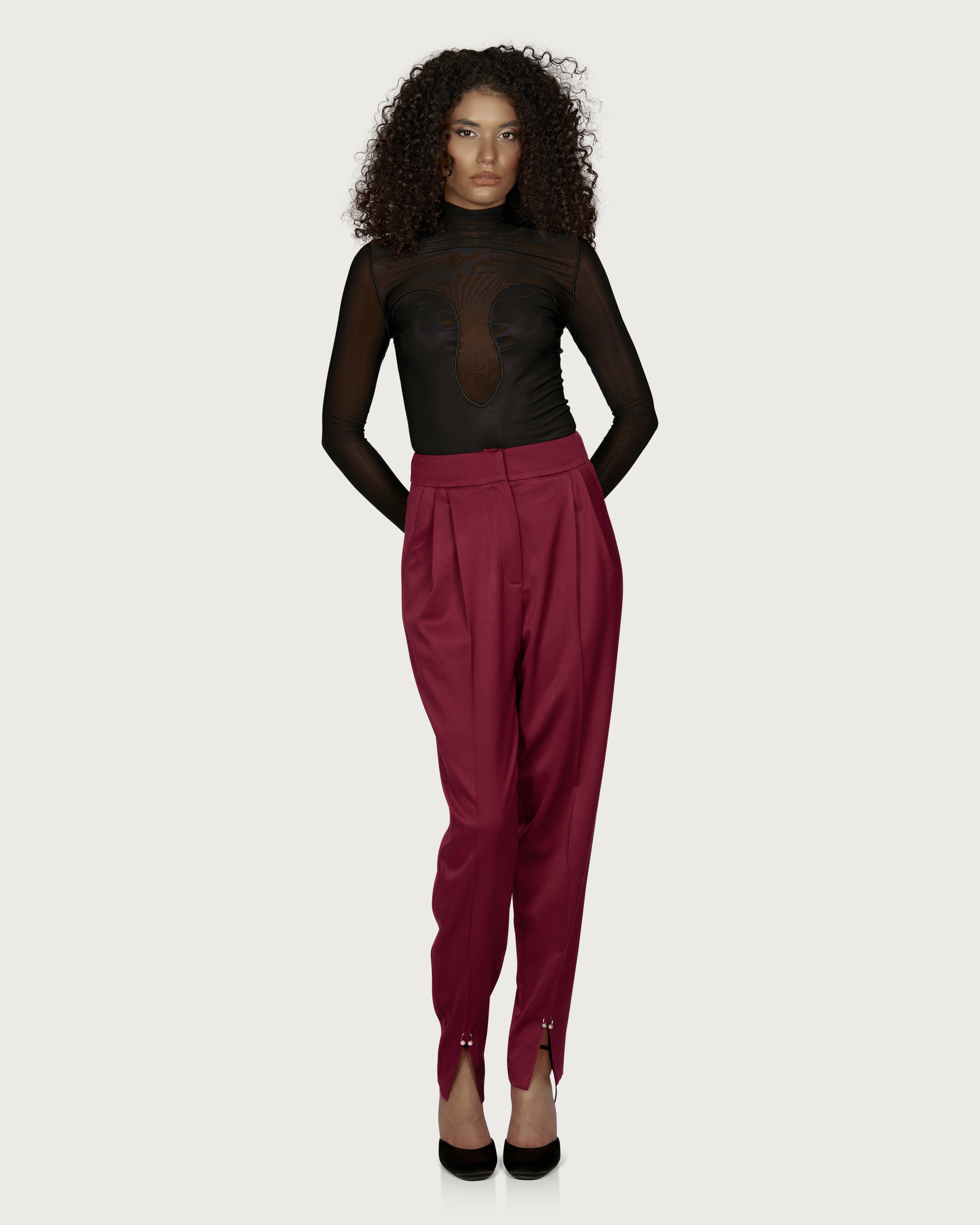 Pantaloni din Lana cu Pliuri si Decupaje Bordeaux
