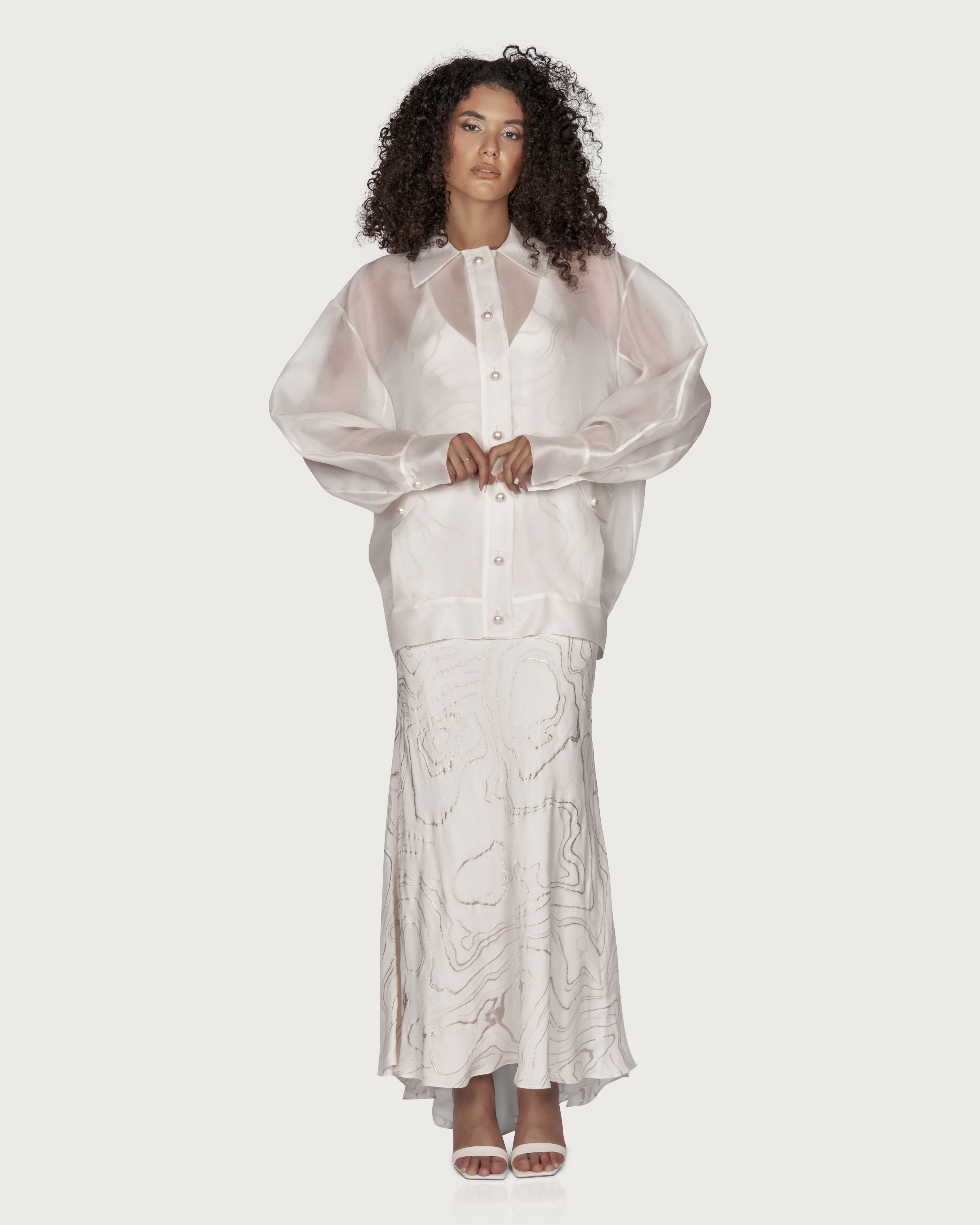 Jacheta Bomber Oversized din Organza cu Nasturi Tip Perla