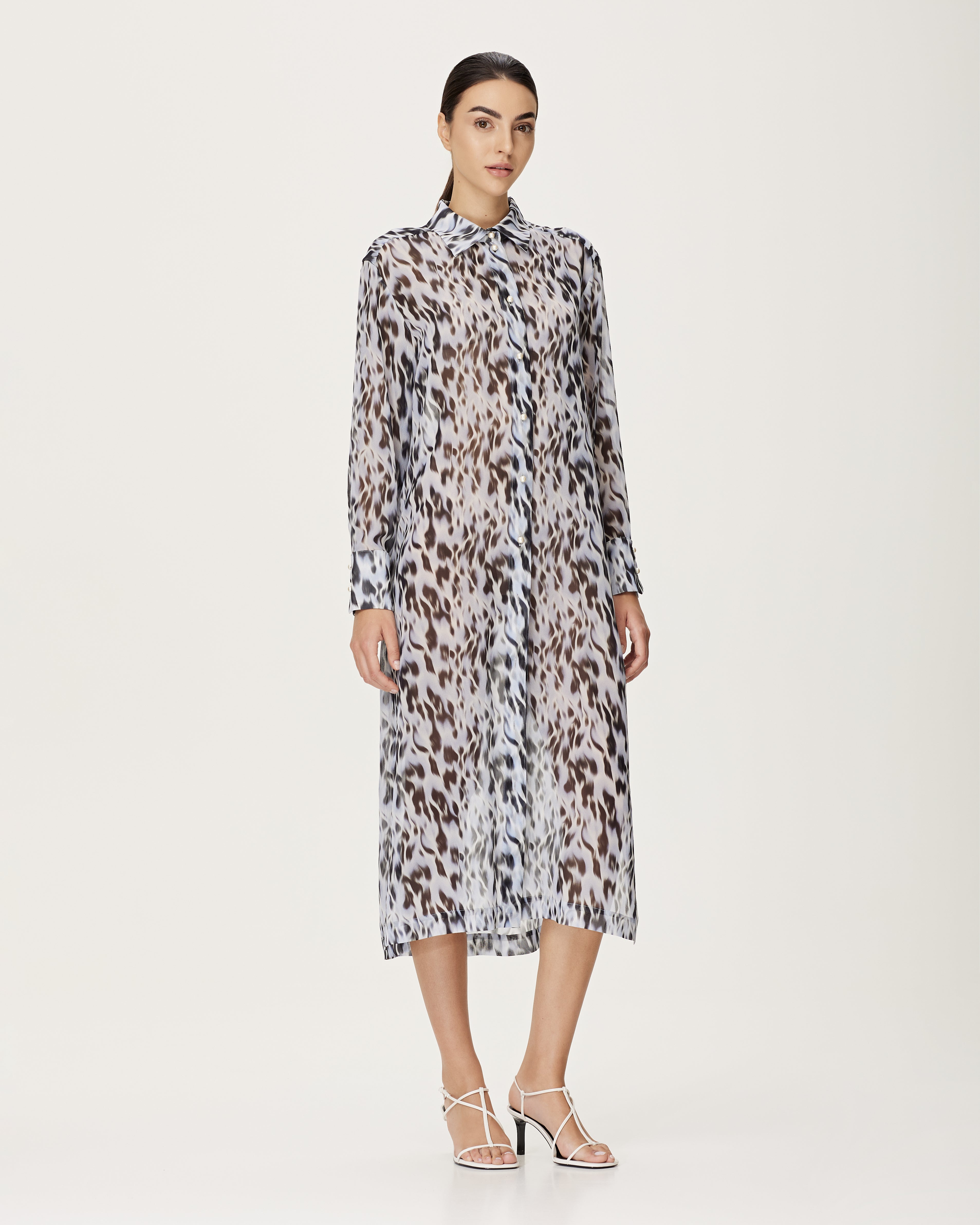 Feather Print Silk Georgette Shirt-Dress